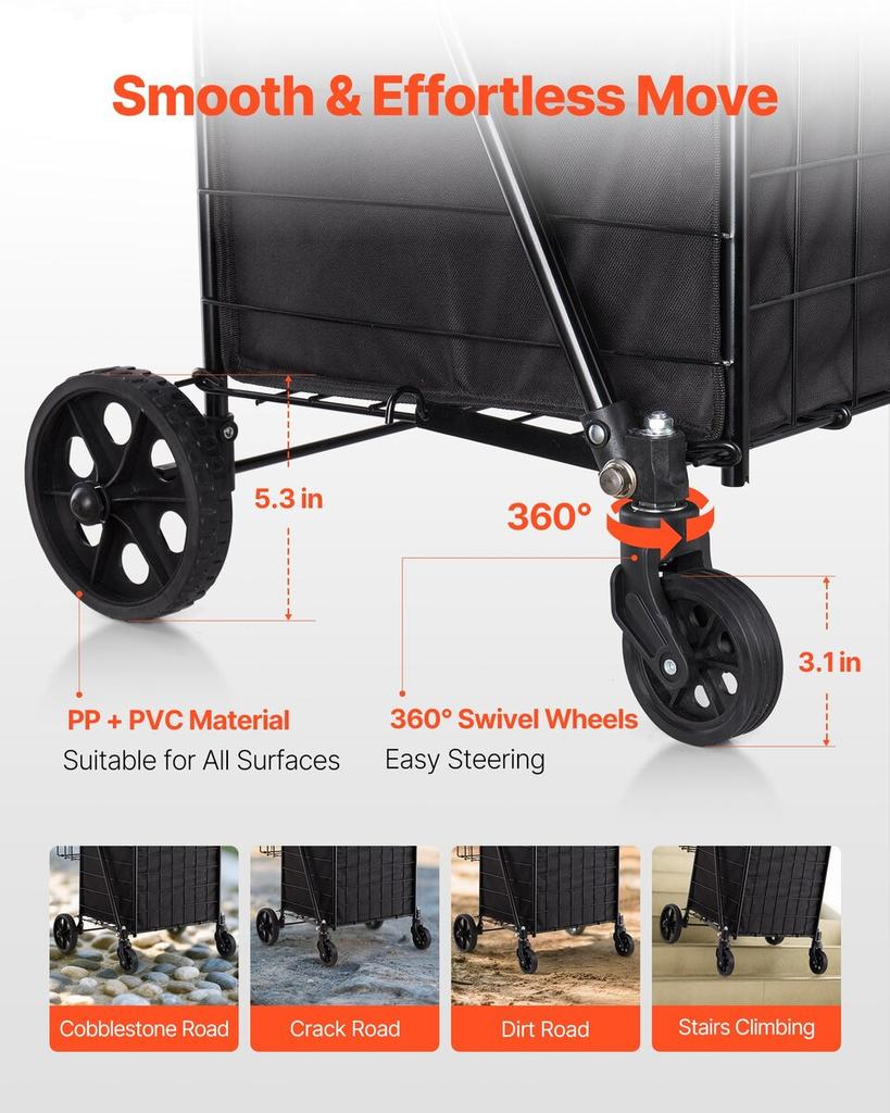 Shopping Cart, Folding Grocery Utility Cart with Dual Baskets, Waterproof Liner & Wheels, 45 KG Large Load Capacity, Heavy Duty Laundry Basket for