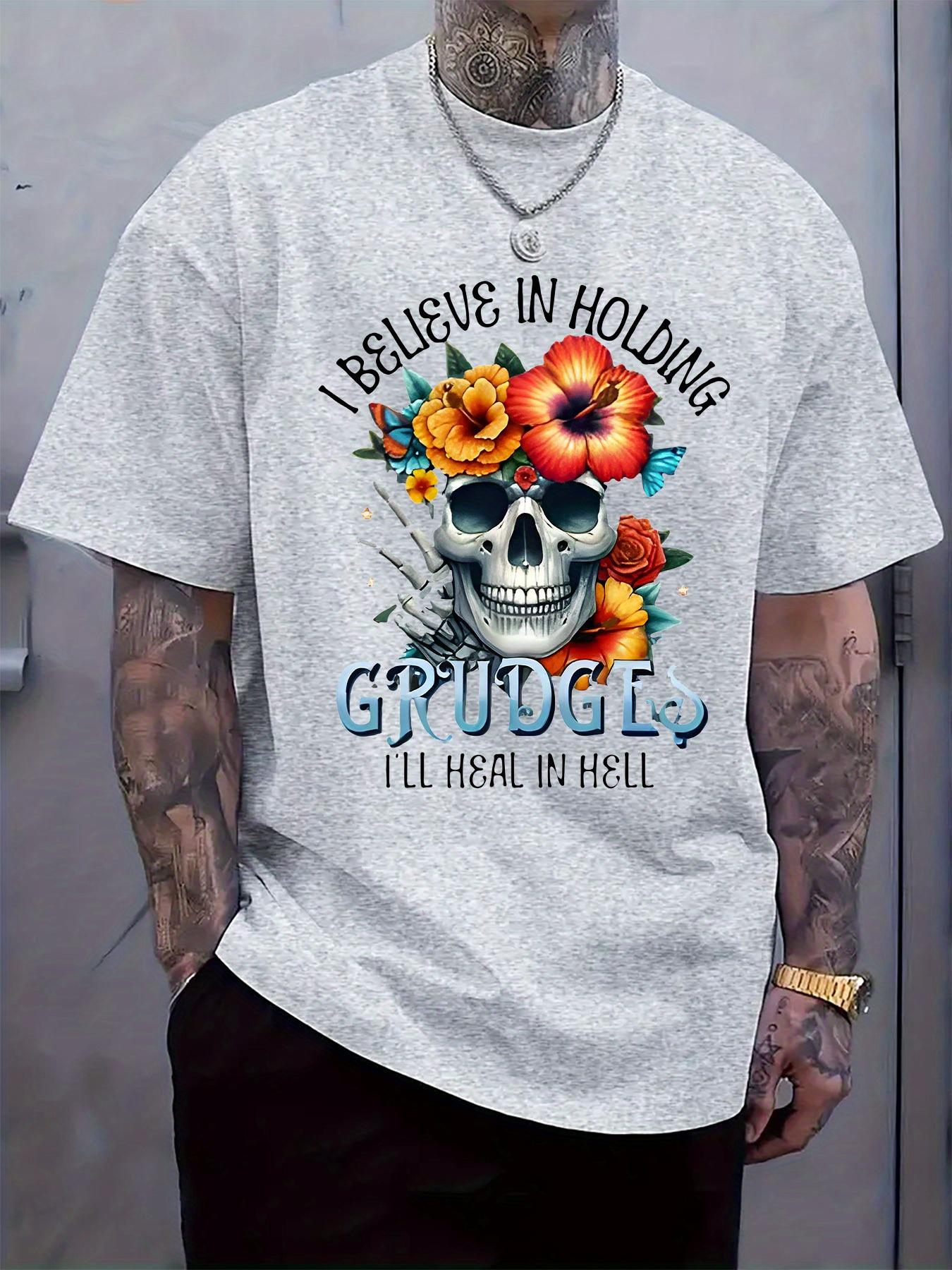 Round Neck Short Sleeve T-shirt Featuring a Skull And Flower Design M