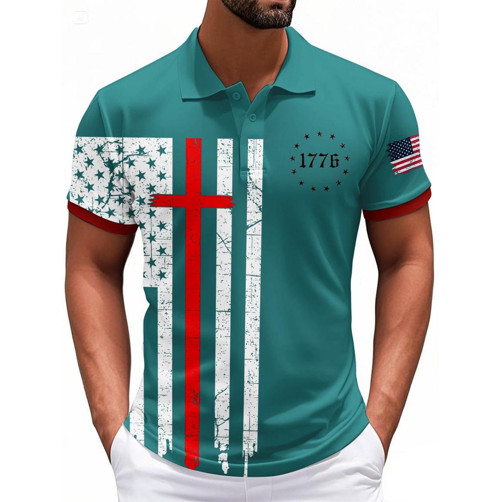 Fashionable Men's Casual Independence Day Printed Neck Short Sleeve Top