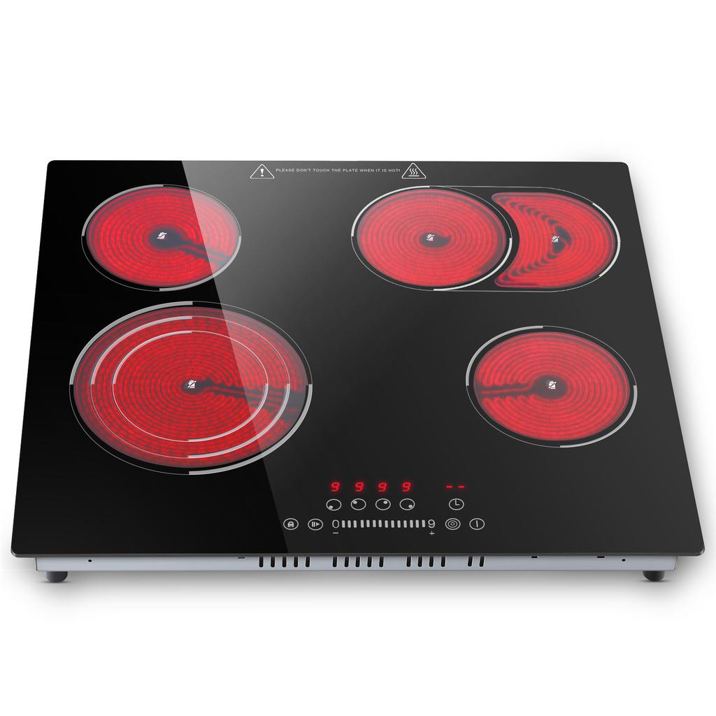60 cm Glass Ceramic Hob 4 Plates, 4 Hobs with Oval Zone and Tri-Circle Zone, 6700 W Hob 4 Plates 59 Cm, 9 Heat Settings, Touch