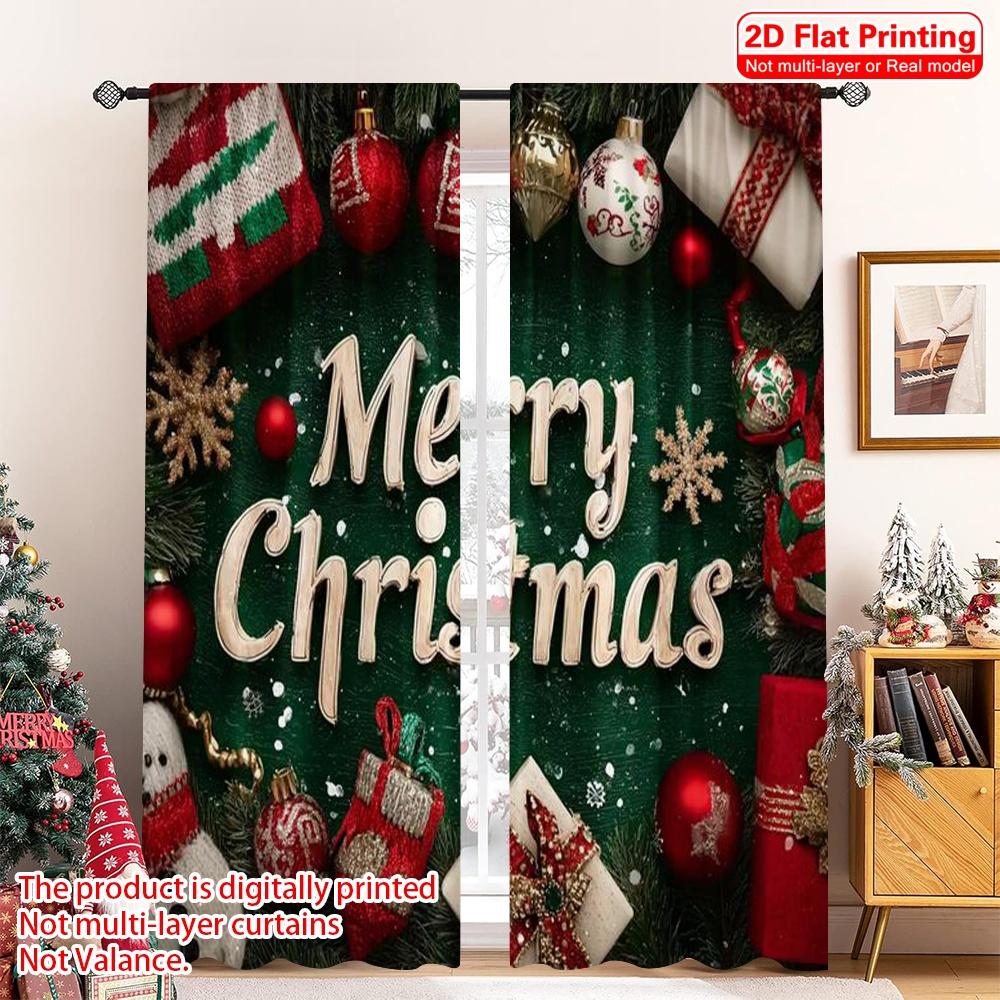 

Set Of 2 Flat Printing Merry Christmas Window Curtains Versatile Polyester Without Electricity Party Curtain W100*H70(CM)-Hooks&1PCS
