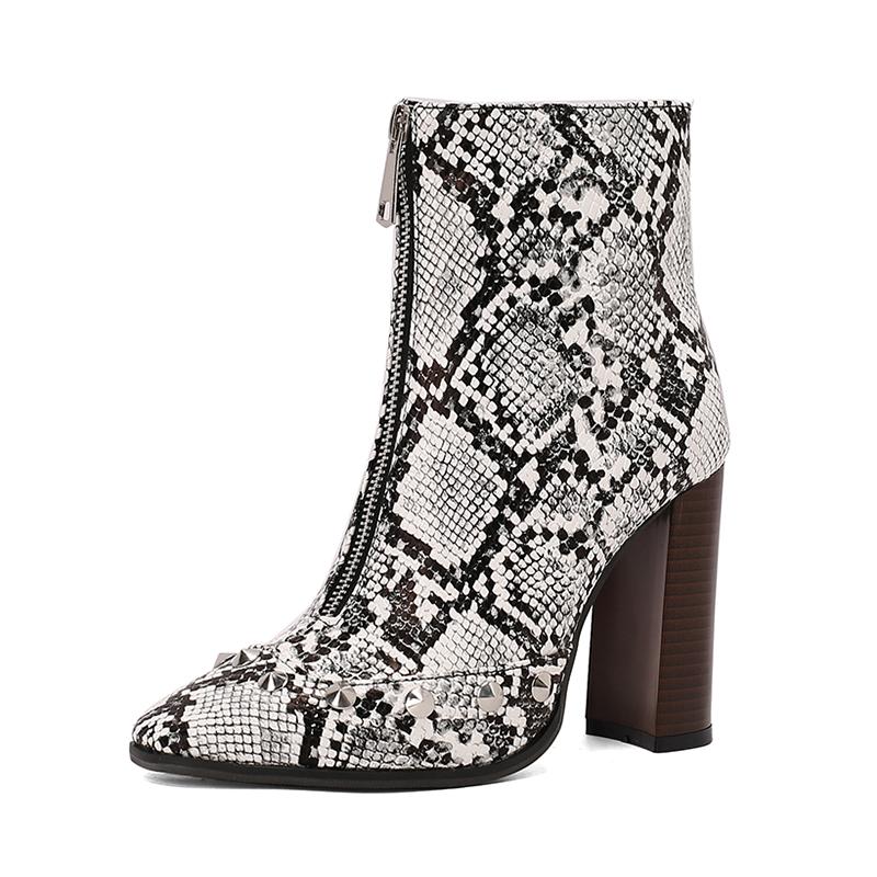 

Plus Size 47 48 49 50 Autumn Winter New Rivets Front Zipper Ankle Boots Womens Square Toe 10cm High Heeled Snake Pattern Booties 12.5