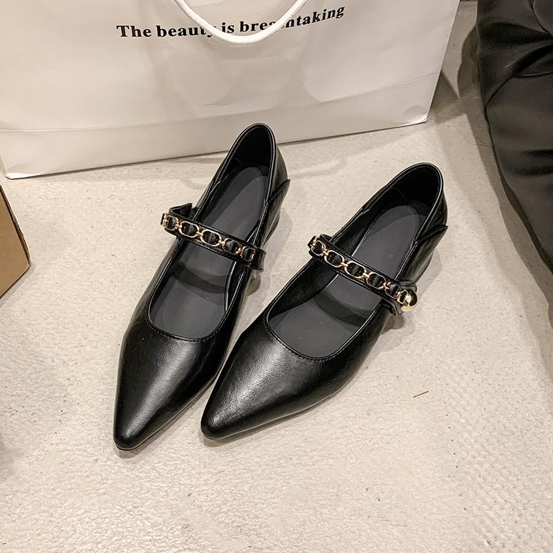 Fashion Autumn New Coarse Heel Shoes Women's Fashion Pointed Head Shallow Mouth Metal Line with Low Top Shoes