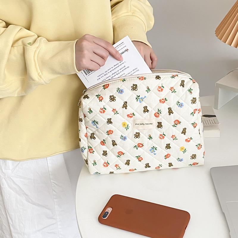 Quilting Makeup Bag Soft Cotton Women Zipper Cosmetic Organizer Cute Clutch Large Make Up Purse Portable Toiletry Case