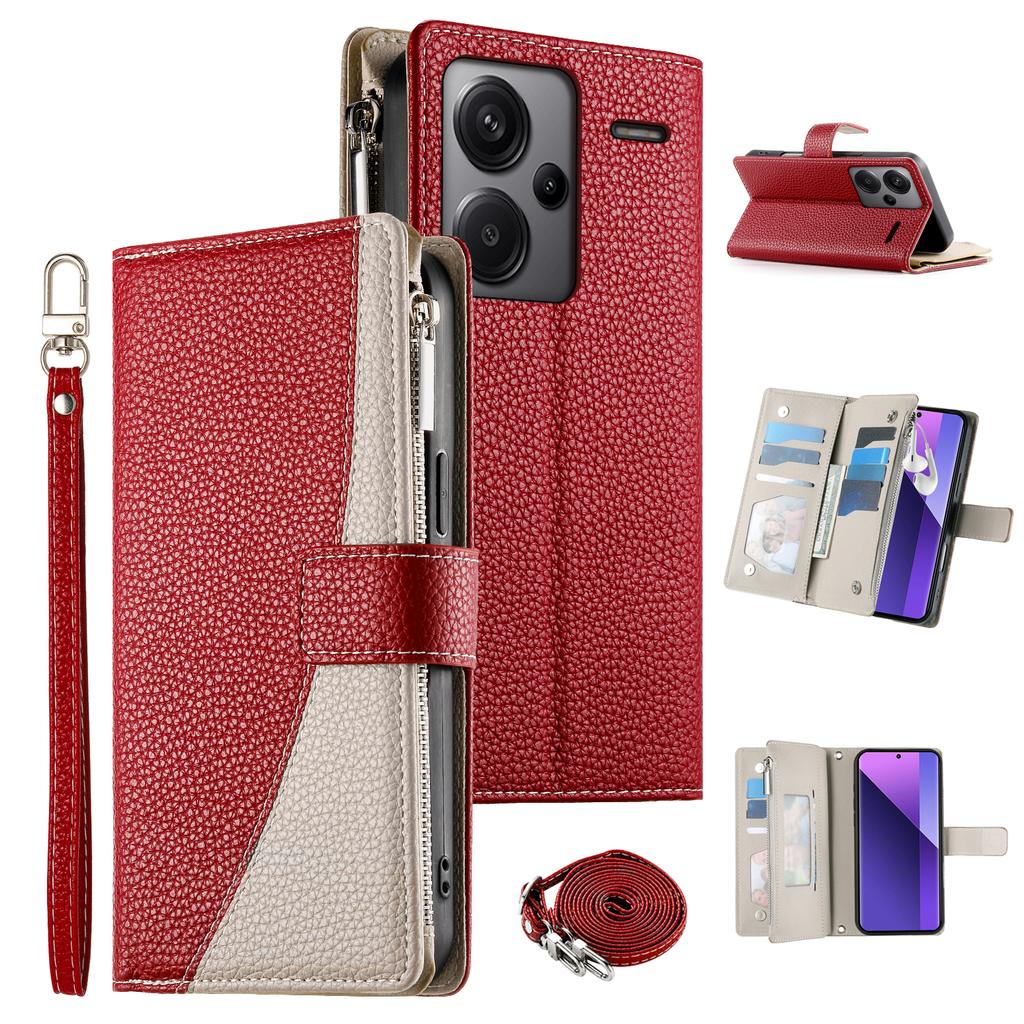 For Xiaomi Redmi Note 13 Pro+ 5G Case Zipper Wallet Color Splicing Leather Flip Phone Cover with Straps