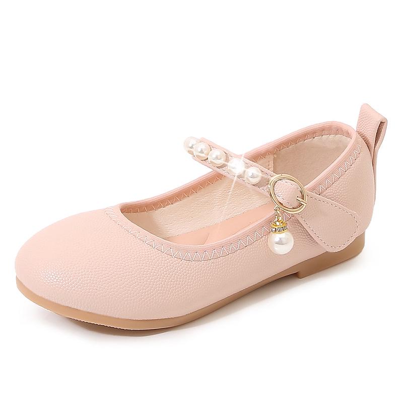 "2024 Summer Girls' Pearl Leather Shoes with Soft Soles for Young Students"