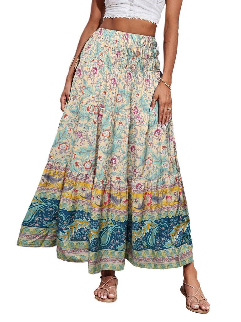 Bohemian High-Waisted Long Printed Skirt for Women - Casual Beachwear