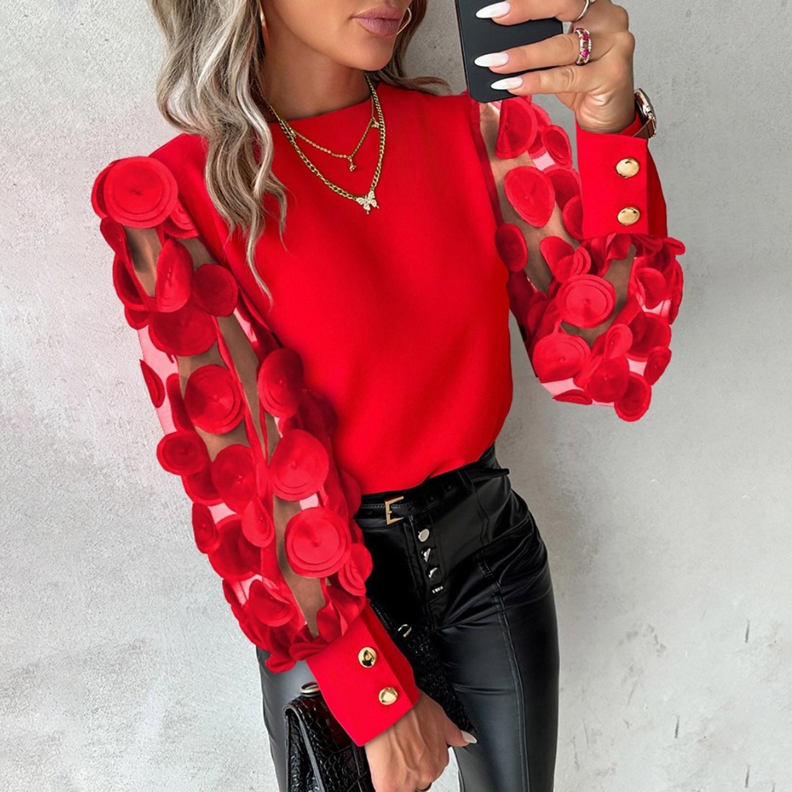 

Женская рубашка с круглым вырезом и рукавами-лепестками XL красный