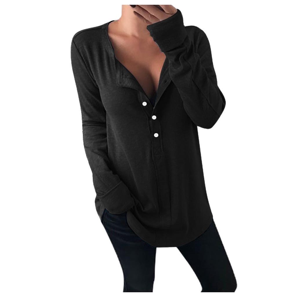 1116 European and American Women's Clothing Ebay Autumn and Winter New Fashion Long-sleeved T-shirt V-neck Solid Color Button-up Top