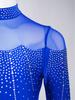 Girls Figure Skating Bodysuit Shiny Rhinestones Full Body Leotard Mock Neck Long Sleeve with Sheer Mesh Patchwork