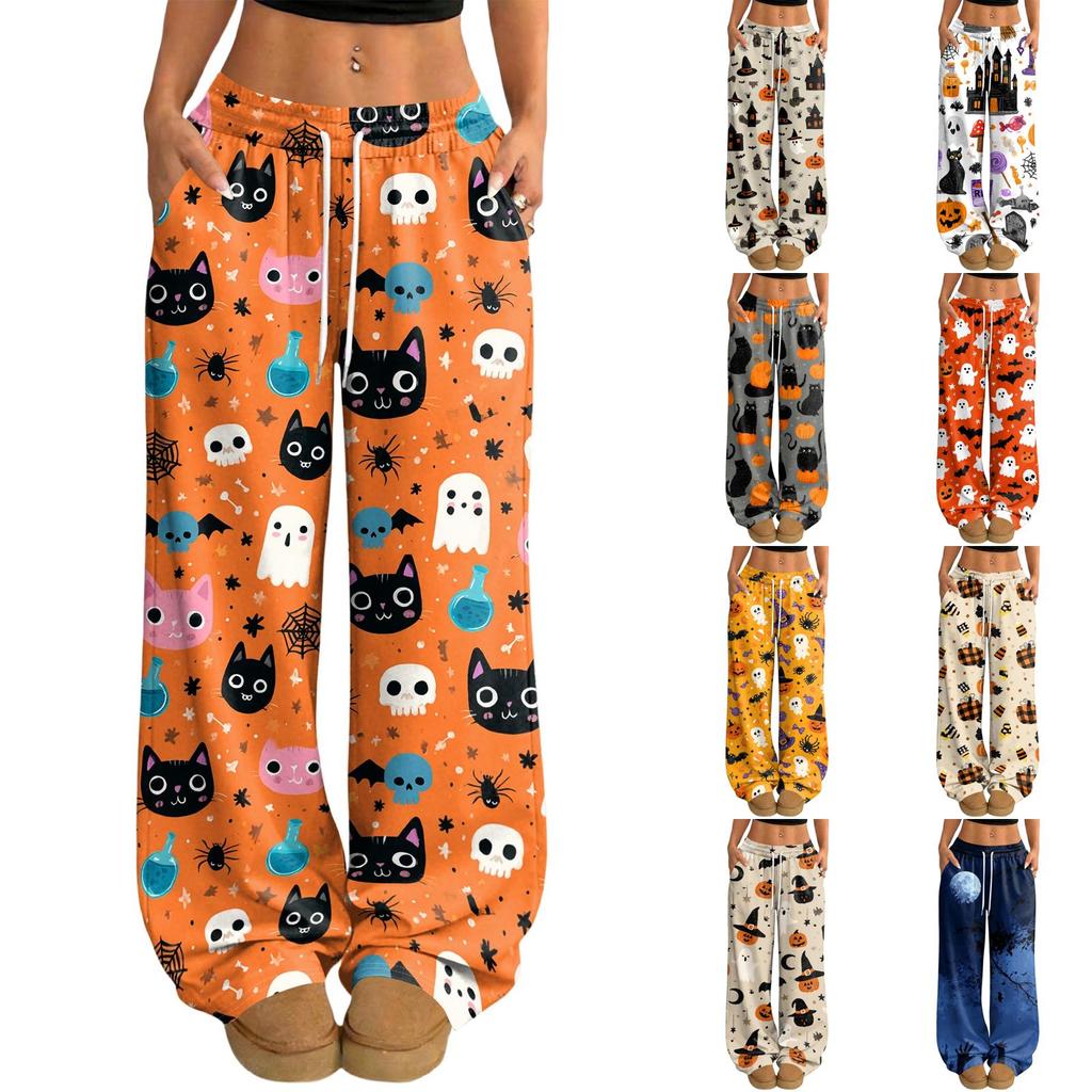 Women's Casual Loose Fit Wide Leg Pants with Halloween Print, Elastic Waist Drawstring for Holiday Party