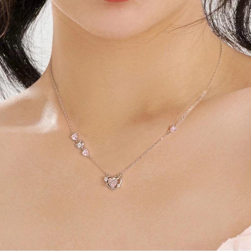 Love Heartbeat Necklace Fashion Pink Zircon Heart-Shaped Women'S Pendant Light Luxury Niche Sweet Cool Light Luxury Style Collarbone Chain Quality
