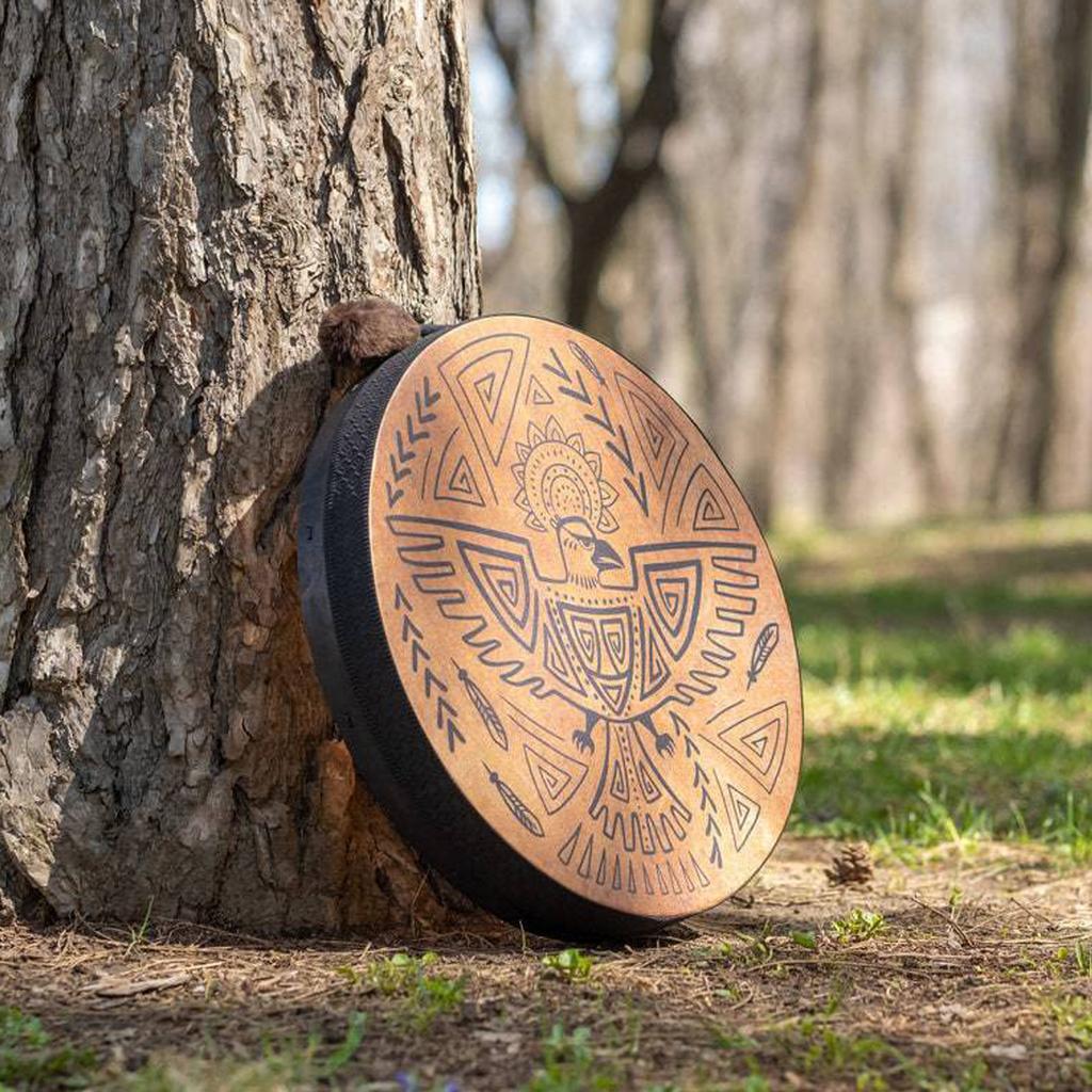 Shamanic Drum Bird Pattern Polyester Imitation Sheepskin Vintage Round Instrument Drum 25cm