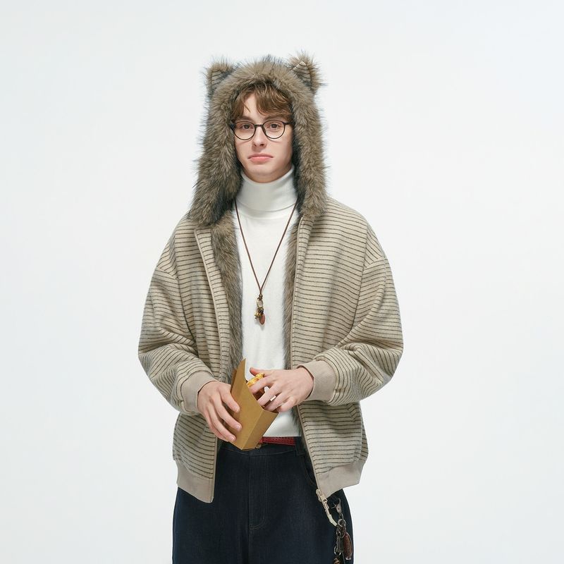 Dream Made Cat Ear Mountain Carving Jacket for Men, Winter Fleece-Lined Thickened Warm Couple Cotton Coat, Striped Cotton Jacket