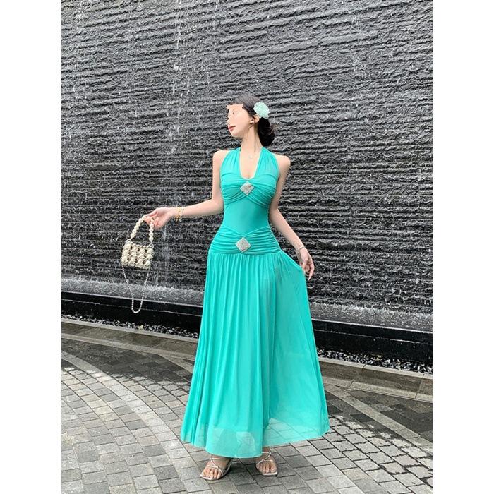 High quality! Neck close waist and look thin v-neck seaside vacation dress, sexy pure desire style long waist skirt