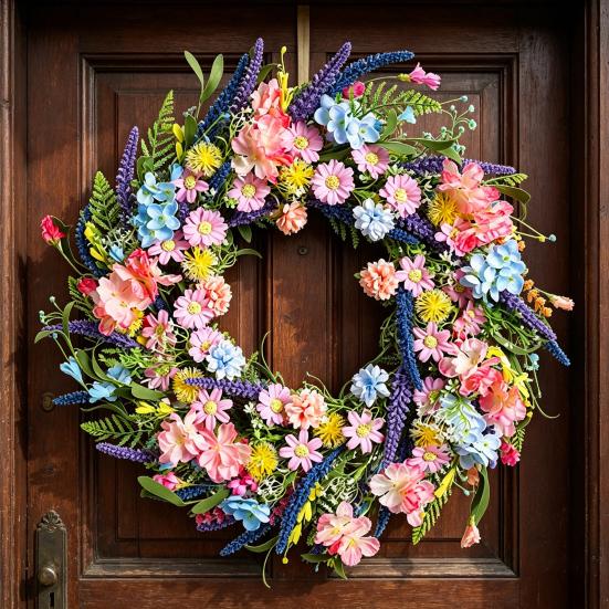 Spring Wreath for Front Door Artificial Floral Wreath with Eucalyptus Leaf Lavender Wildflowers for Easter Indoor Outdoor Home Farmhouse Wall Decor