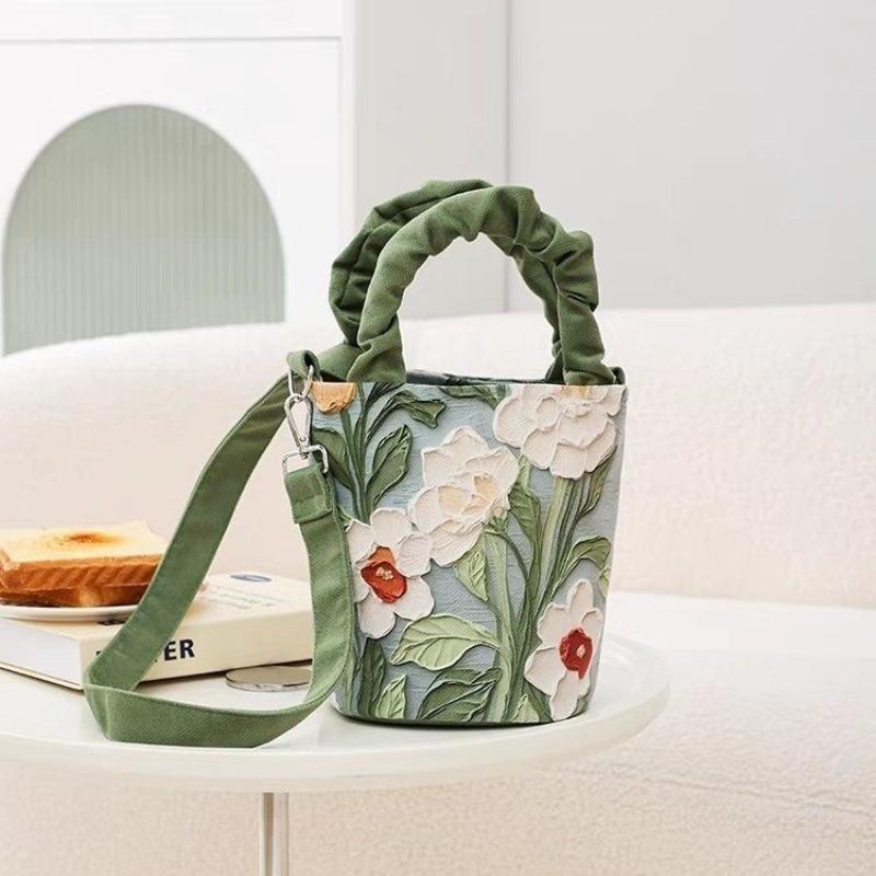 Oil Painting Flowers, Advanced Sense, Crossbody Folds, Hand Carrying Bucket Bag, Women's Bag Illustration, Literary Women's Bag, Watercolor Creativity