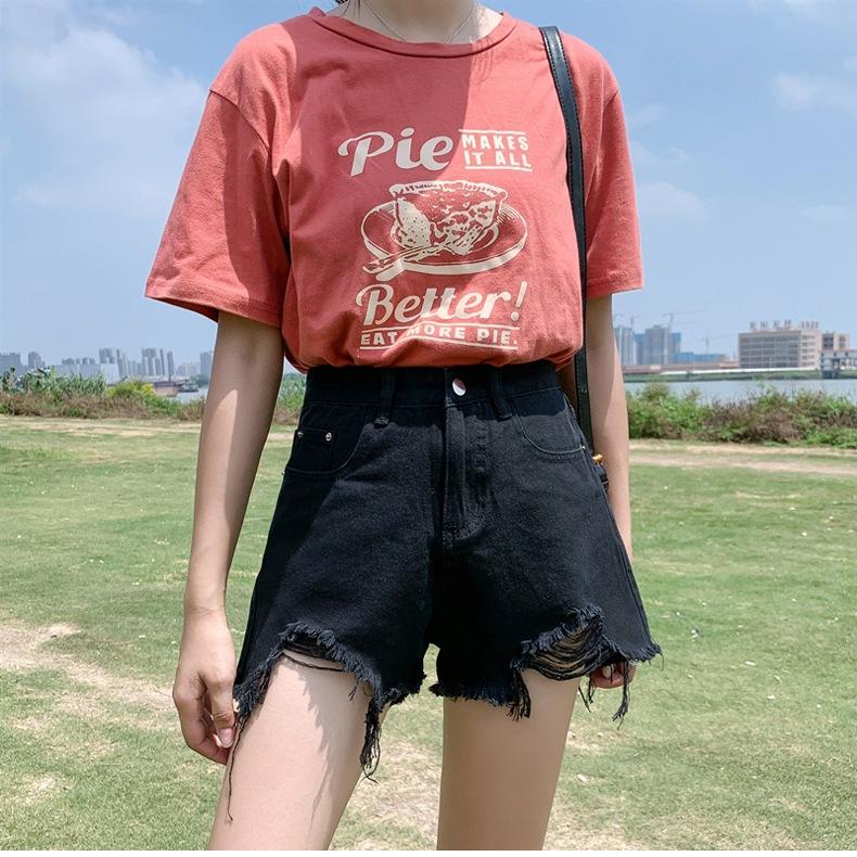 Classic and Minimalist Fashion Versatile Black Broken Holes Women's Summer High-waisted Outside Wear Thin A-line Wide-legged Ragged Denim Shorts