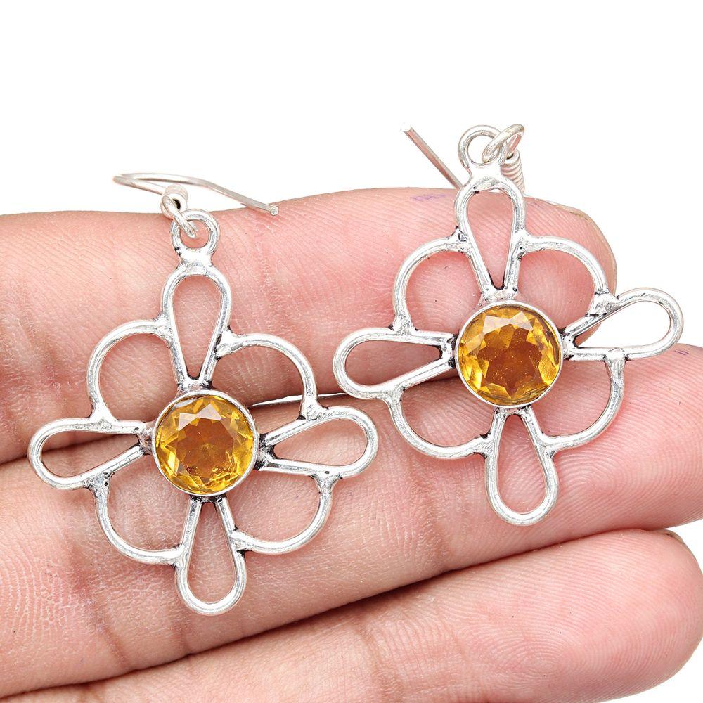 Citrine Quartz Gemstone Handmade Gift For Her Silver Jewelry Earrings 1.5''