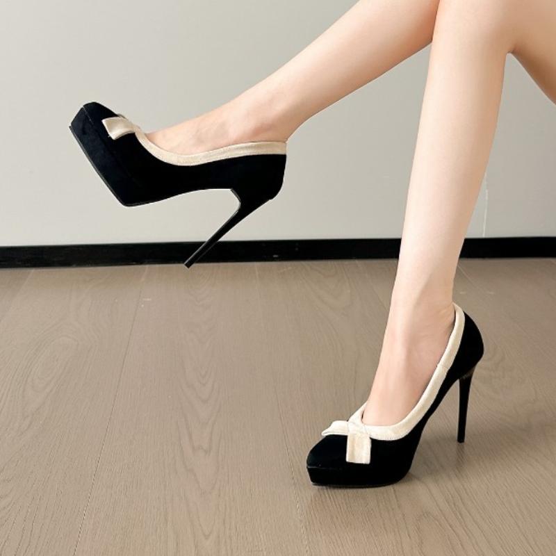 

Мода 2025 Новая платформа Супер Высокие каблуки Женские Бант Знаменитость Маленький Заостренный Носок Шпилька Одинарные Туфли 34 чёрный