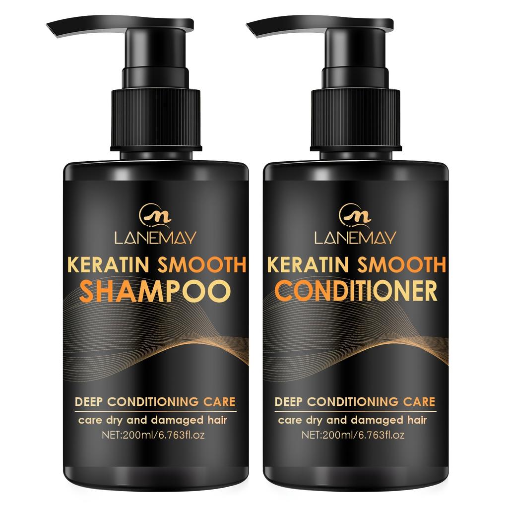 2pcs Keratin Smooth Shampoo and Conditioner Set - Moisturizes Hair & Scalp, Strengthens Hair, Prevents Breakage & Split Ends Deep Repair Shampoo Set