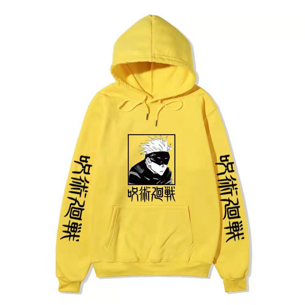 Men Women Fleece Hoodie Gojo Manga Art Two Sleeve Vertical Japanese Characters Casual Anime Hooded Sweatshirt