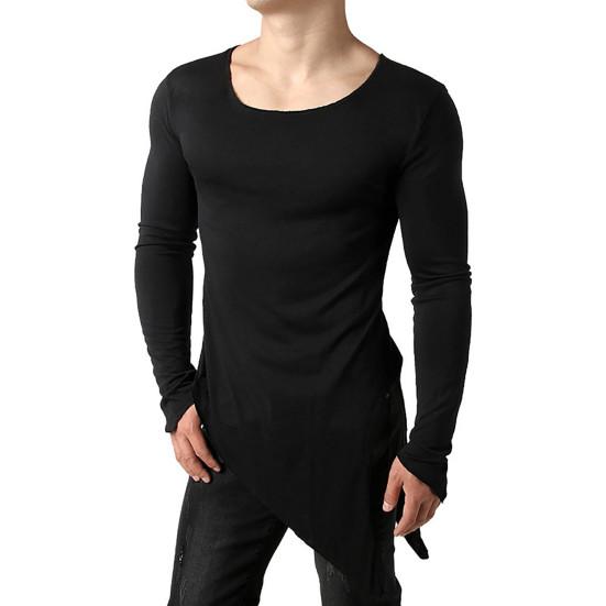 Herren T-Shirt Langarm Einfarbige Unregelmäßiger Saum Pullover Streetwear Warm Seitenschlitz Langer Stil Herren Frühlingstop Männliche Kleidung