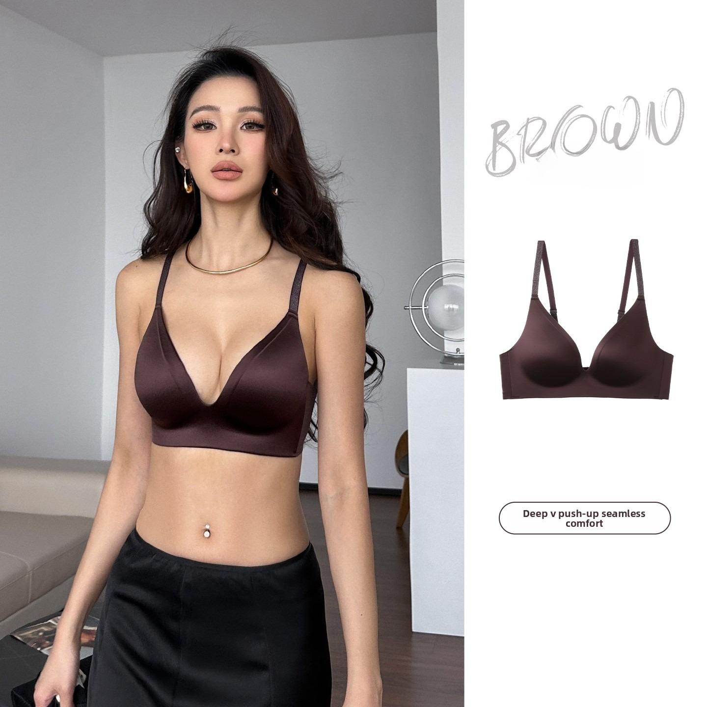 

Female Summer Thin Smooth Thin Shimmering Shoulder Strap Small Chest Large Gathering No Trace No Underwire Underwear 32/70AB кофейный