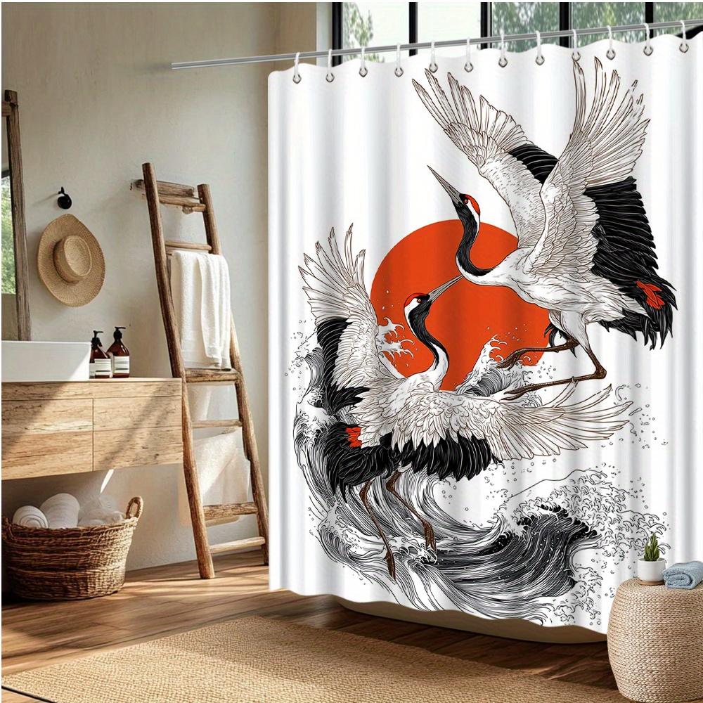 Red-Crowned Crane Shower Curtain – Japanese Art With Rising Sun & Ocean Waves, Black & White Includes Hooks, 70.8×70.8 Inches