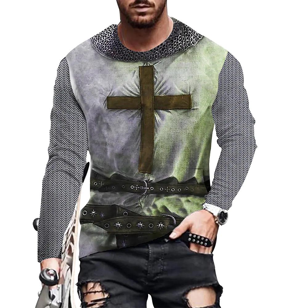 Vintage Print Men T-Shirts Samurai Pattern Knights Templar 3D Top Tee Streetwear Autumn Long Sleeve Oversized T Shirt