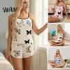 Leichte Damen-Schlafanzüge, 2-teilige ärmellose Trägertop- und Shorts-Sets, Sommer Schmetterlingsdruck Rüschen