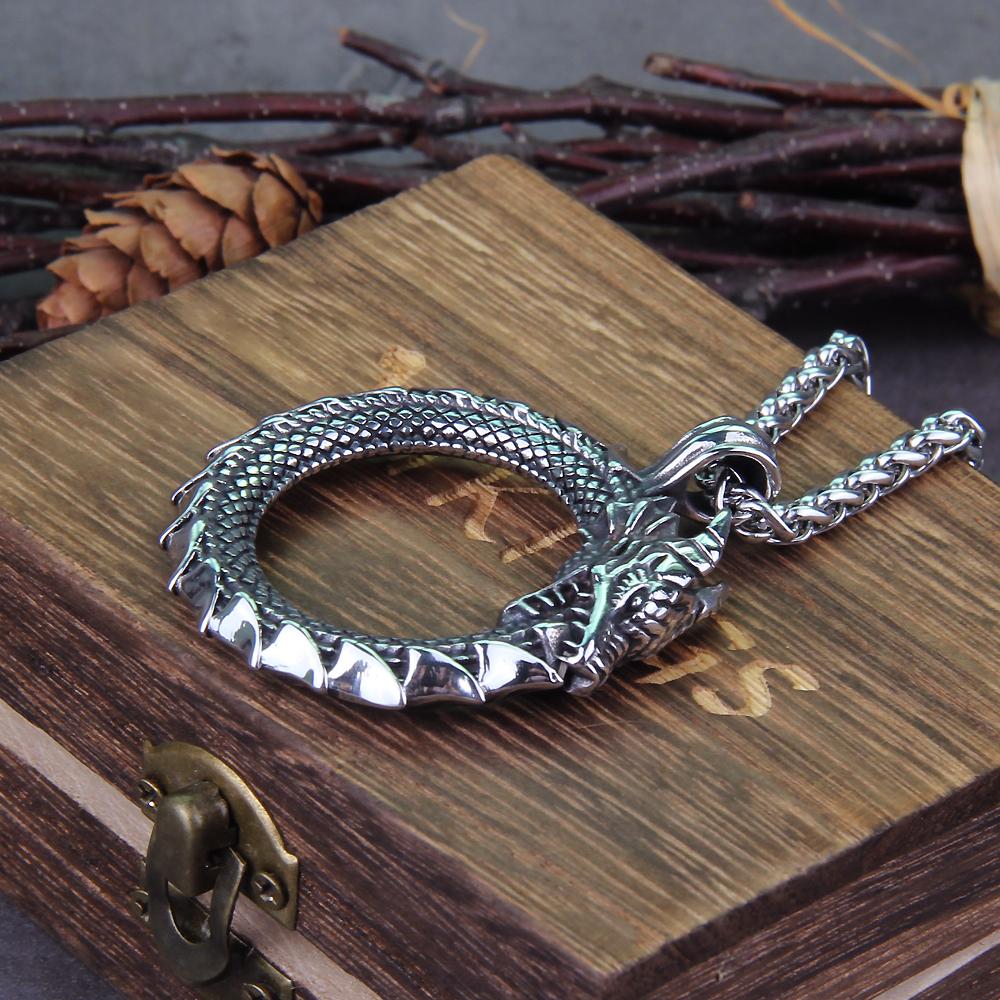 Stainless Steel Viking Ouroboros Dragon Pendant Necklace with Wooden Box Never Fade Mens Jewelry