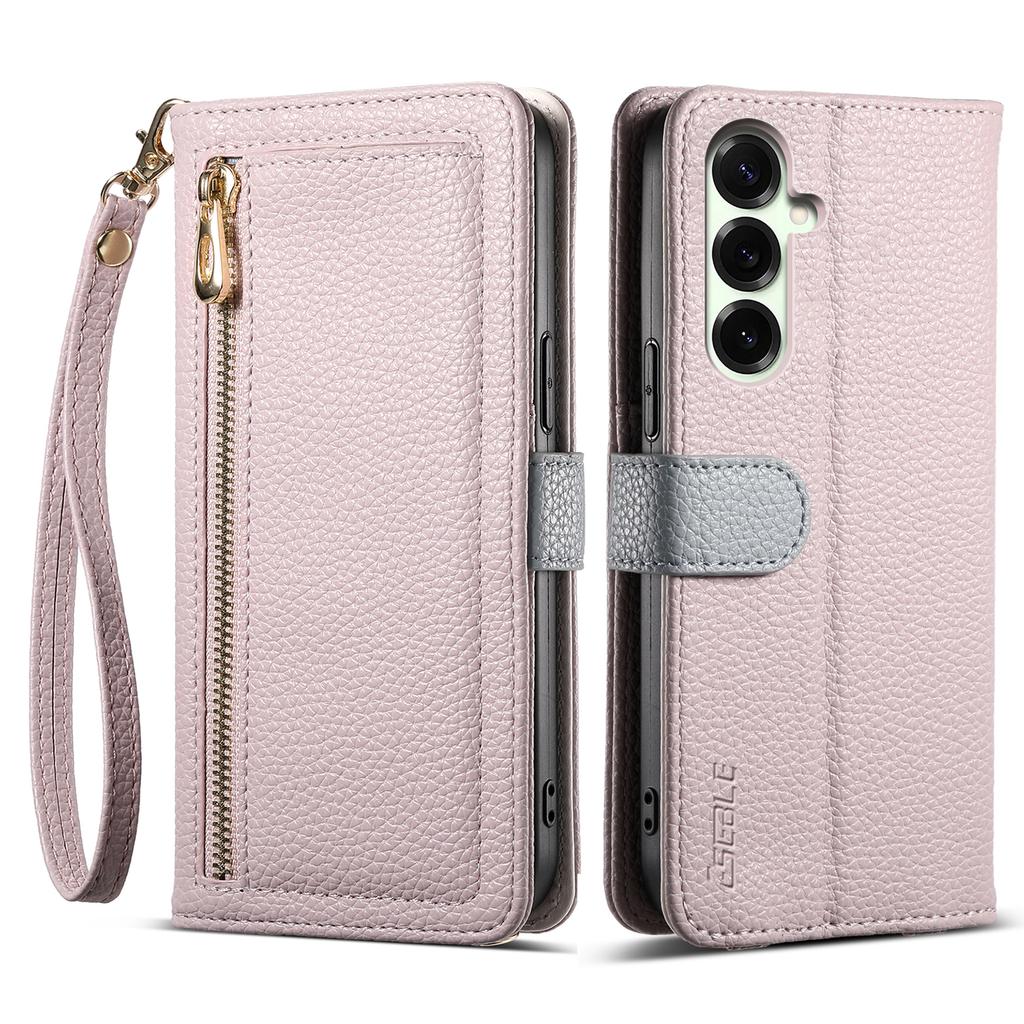 ESEBLE E11 For Samsung Galaxy S25 Case Zipper Pocket Litchi Texture Leather Phone Cover with Mirror and Wrist Strap