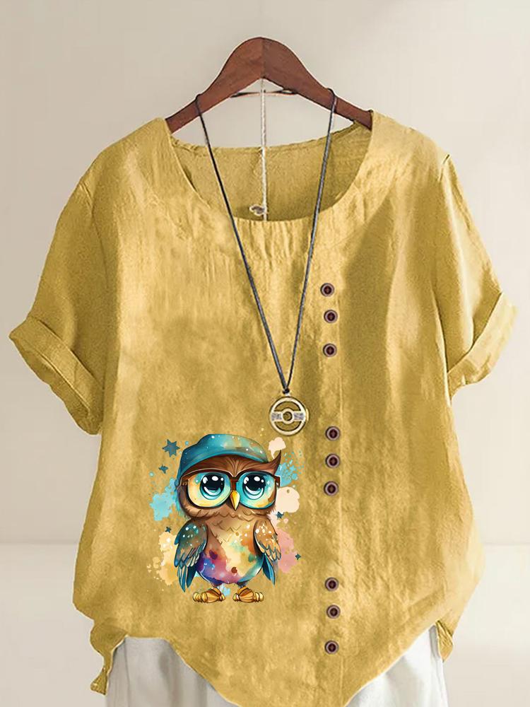 Women's Fashion Cool Owl Print Round Neck Short Sleeve T-shirt Casual Cotton Linen Graphic Shirt Leisure Loose Summer Blouse Tops