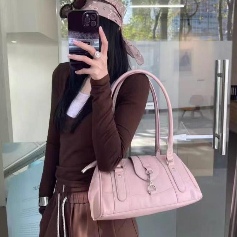 Retro Lock Shoulder Bag, Large Capacity Bost Underarm Bag Women's Fashi Versatile Handbag Solid Color Simple Commuter Bag