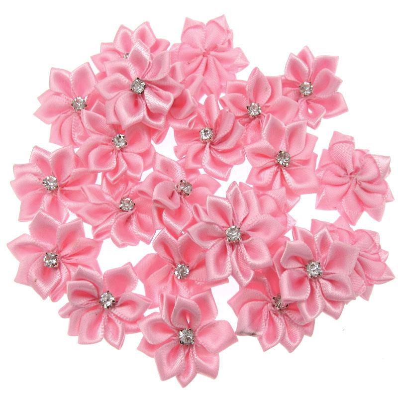 10Pcs Handmade Small Satin Flowers Fabric Rhinestone Flower Appliques For Sewing Craft Wedding Decorations 2.8cm