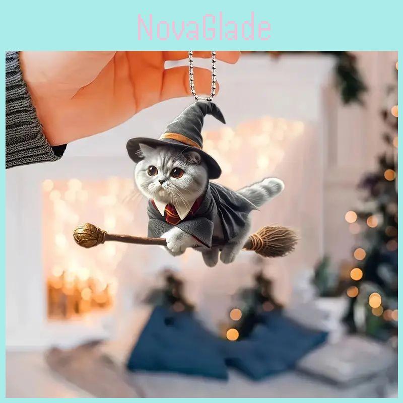 Acrylic Flat Surface Car Pendant With Magical Cat Riding Broom Design For Vehicle Interior Decor