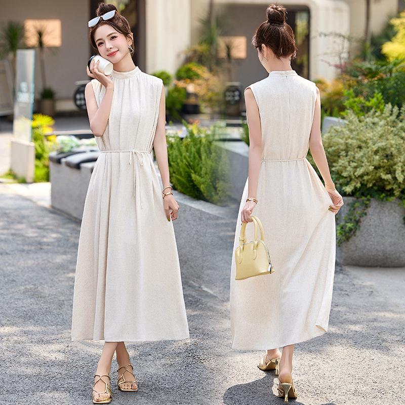 

Платье из хлопка и льна со стойкой, летнее платье, новое женское повседневное льняное платье без рукавов с длинной юбкой 2XL бежевый
