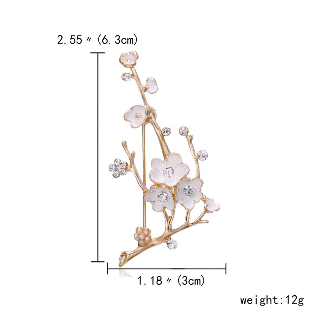 Elegant White Enamel Plum Blossom Brooches For Women Men Vintage Rhinestone Peach Flower Branches Buckle Pins Banquet Jewelry