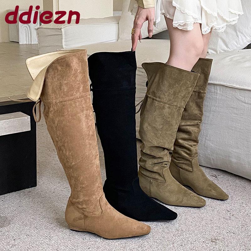 Mode Neue Mode Schnür Damen Kniehohe Stiefel Schuhe Flock Damen Lange Moderne Stiefel Weiblich Mit Schuhen Mit Höhenabsatz