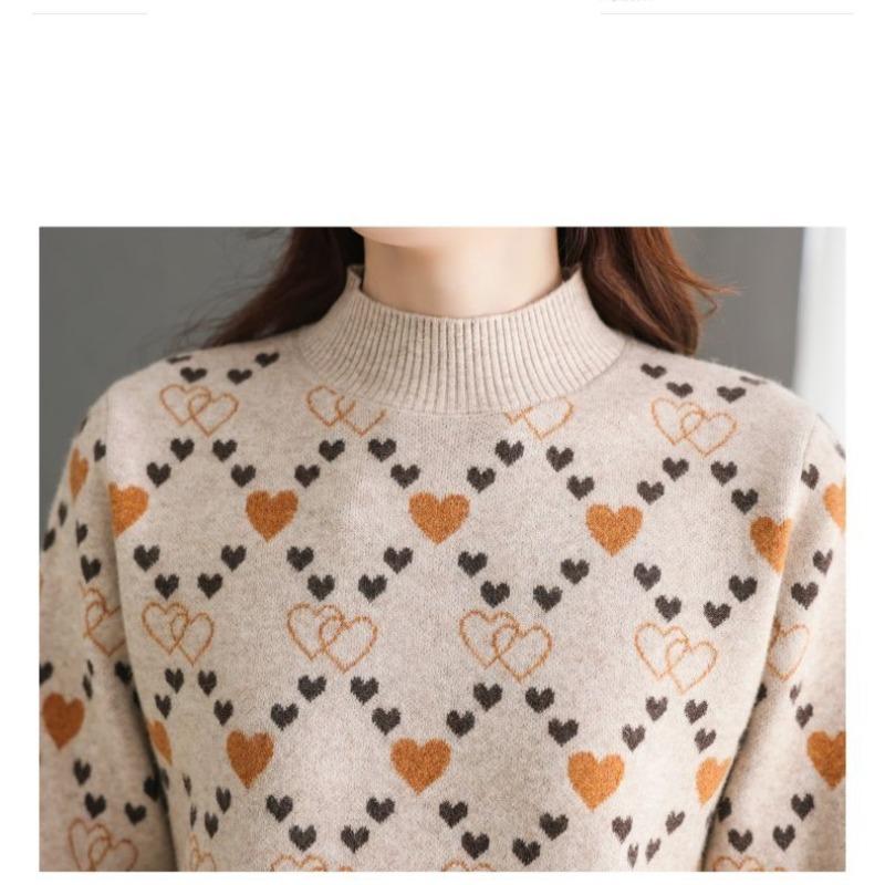 Autumn and Winter Women's Half High Collar Long Sleeves Knitted Pullovers Sweater Slim Printing Love Heart Fashion Casual Tops