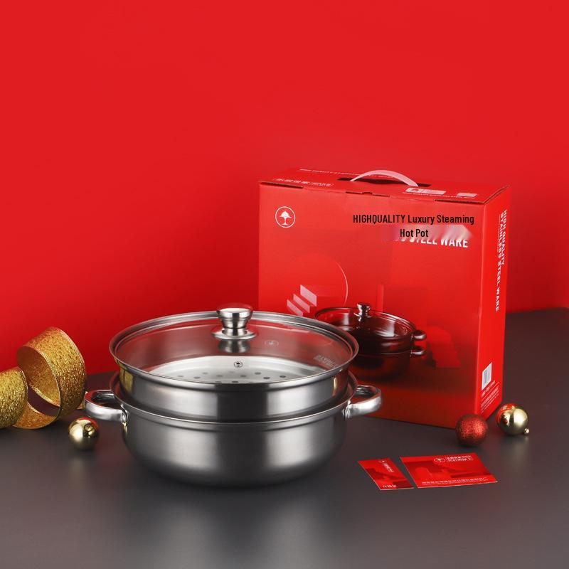 Stainless Steel 28cm Two-Tier Soup Steamer Pot with Double Ears for Induction Cookers 28cm