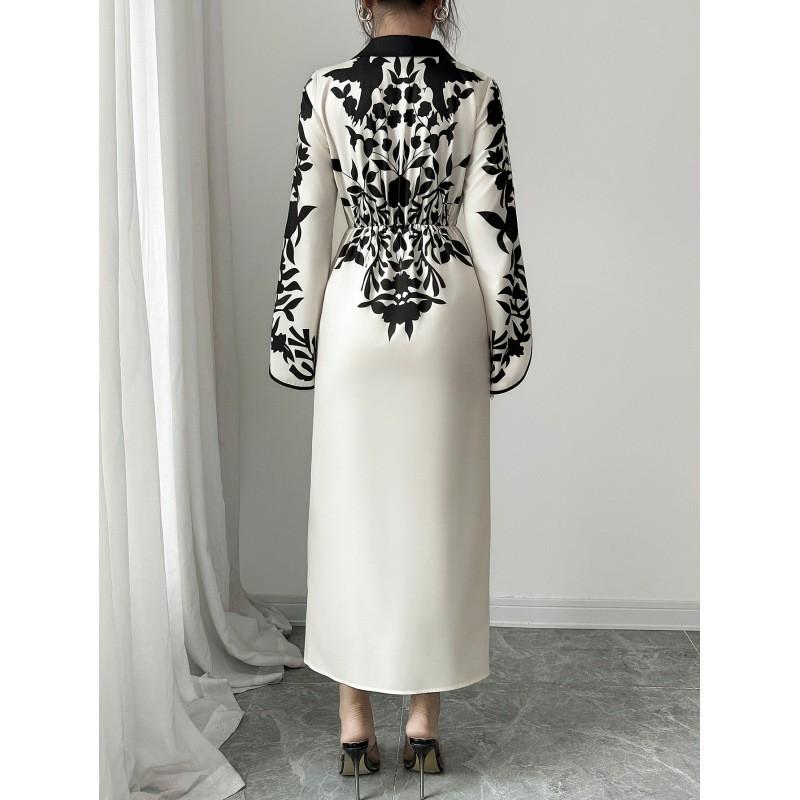 Womens Elegant French Floral Print Cross-Neck Long Sleeve Maxi Dress With High Waist Side Slit