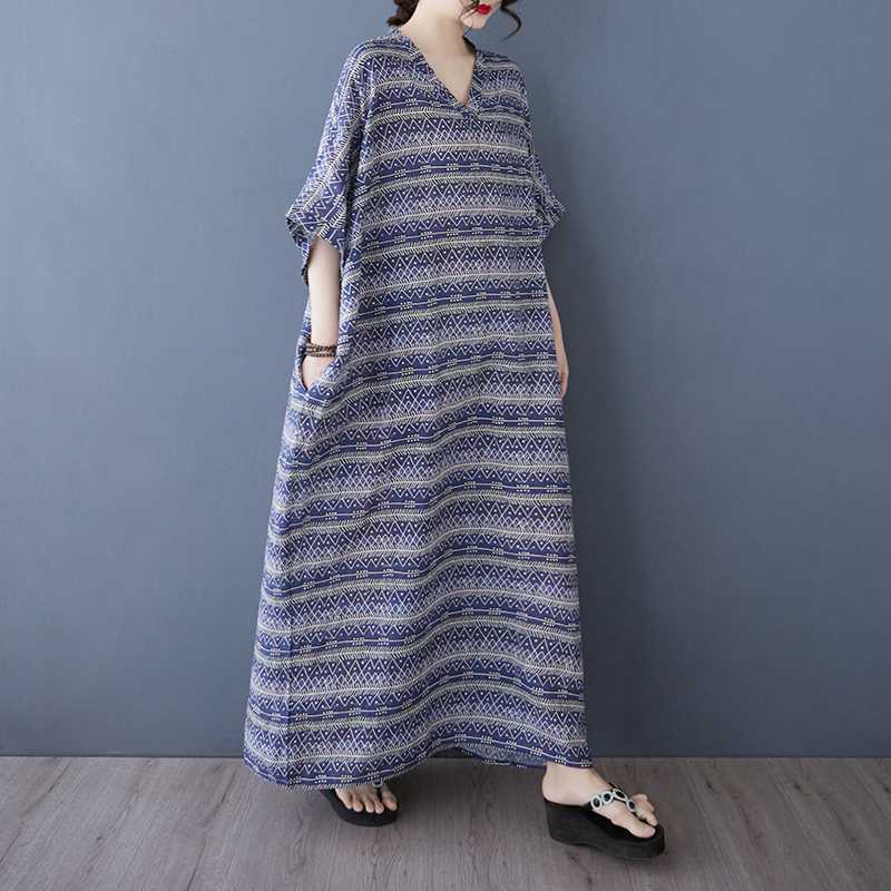 Summer Color Vacation Style Tourism V-neck Retro Long Skirt Cotton Linen Dress