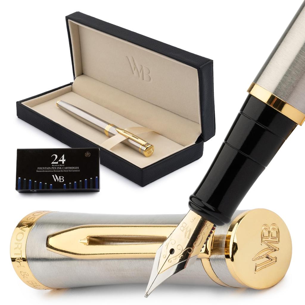 Wordsworth Black Fountain Pen 18K Fine Ink Ink Refill Gift Box Gold Ideal for Men and Women & Set, Gold-Plated Nib, 24-Pack Cartridges, Converter,