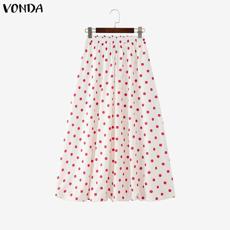 VONDA Vintage Women Polka Dots Print Loose Casual Long Swing Skirts Pleated Dress