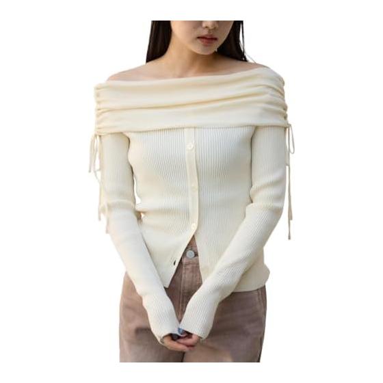 [AZUL by moussy] Gathered off-shoulder knit tops for women 250ISC70-118C