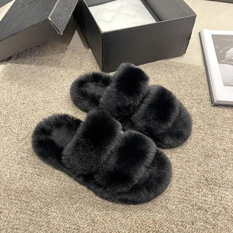 Fashion Winter Fluffy Slippers Women 2025 New House Home Fur Slippers For Women Flat Platform Cozy Fuzzy Indoor Shoes Slides