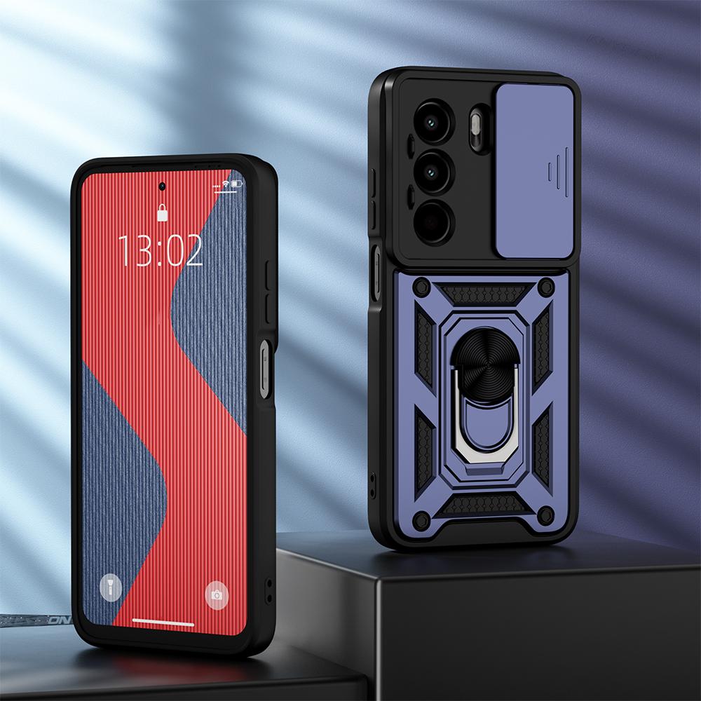 KEYSION Nárazuvzdorné pouzdro Armor pro Itel Power 70 s posuvným krytem objektivu fotoaparátu, kroužkem pro ochranu objektivu, stojánkem a zadním krytem telefonu pro Itel Power 70 4G