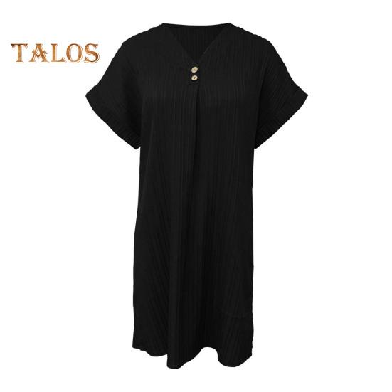 Summer Mini Dress Short Sleeves V Neck Loose Pure Color Dress Bohemian Buttons Casual Dress for Beach Vacation Daily Wear